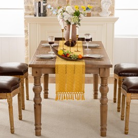 Table Runner Yellow 12 x 71 Inches Boho Farmhouse Rustic Table Runner with Tassels Cotton Linen Modern Macrame Woven Table Centerpiece Decor for Spring Dining Table Home Decor