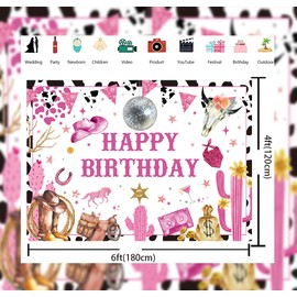 Western Cowgirl Happy Birthday Backdrop Pink Disco Wild West Cactus Cow Print Photography Background for Girls Women Birthday Party Decorations Background (6X4FT (180x120cm))