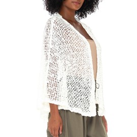 SHU-SHI Lightweight Open Front Cardigan for Women Hollow Out Sweater Knitted Poncho Batwing Loose Popcorn Shawl Boho Wrap White