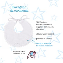Filet - Elegant and fine bib, made entirely of cotton with Aida linen embroidery, ideal for babies and toddlers, 100% made in Italy, colour: white