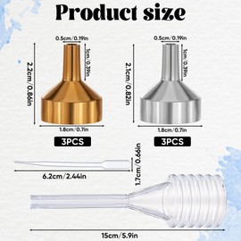 TIESOME Small Metal Funnels, 6 PCS Gold & Silver Mini Funnel with 2 PCS Mini Pipette Universal Mini Funnel for Filling Small Mini Bottles or Containers Essential Oils Perfume Liquid (2.1 x 1.8cm)