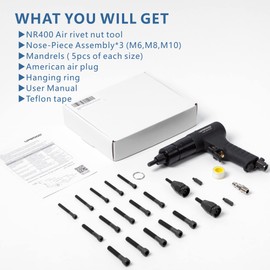 Pneumatic Rivet Nut Gun M6 & M8 & M10, Air Rivet Nut Pull Setter Tool with 3 Size Quick-Change Nose-Piece Assembly, 5pcs Mandrels Included with Each Size (M6, M8, M10)