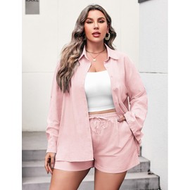 IN'VOLAND Women's Plus Size 2 Piece Outfits Cotton Linen Shirt and Drawstring Shorts Set Summer Tracksuits 2023