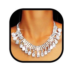 JEWEKY Crystal Necklace Jewelry Silver Sparkly Rhinestone Necklaces Rectangle Stone Prom Neck Chain for Women (Silver)