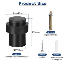 uxcell 10Pcs 2" Door Stoppers, Stainless Steel Floor Mount Door Stop with Thickened Rubber Bumper, Black Cylindrical Door Holders for Wall Protector
