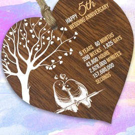 5th Wedding Anniversary Wooden Heart Plaque, Dark Wood Sign Keepsake, Celebrate Wooden Anniversary Wife Husband Boyfriend Girlfriend, Plaque with Quotes Gifts from the Kids