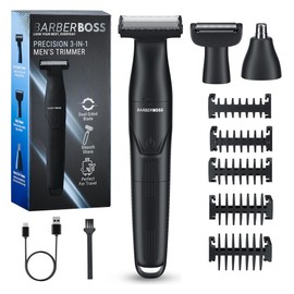 BarberBoss Set per la toelettatura dei dettagli, 3 in 1, per uomo, barba, parrucchiere, body groomer, trimmer naso e orecchie, rasoio senza fili con ricarica USB (Nero)