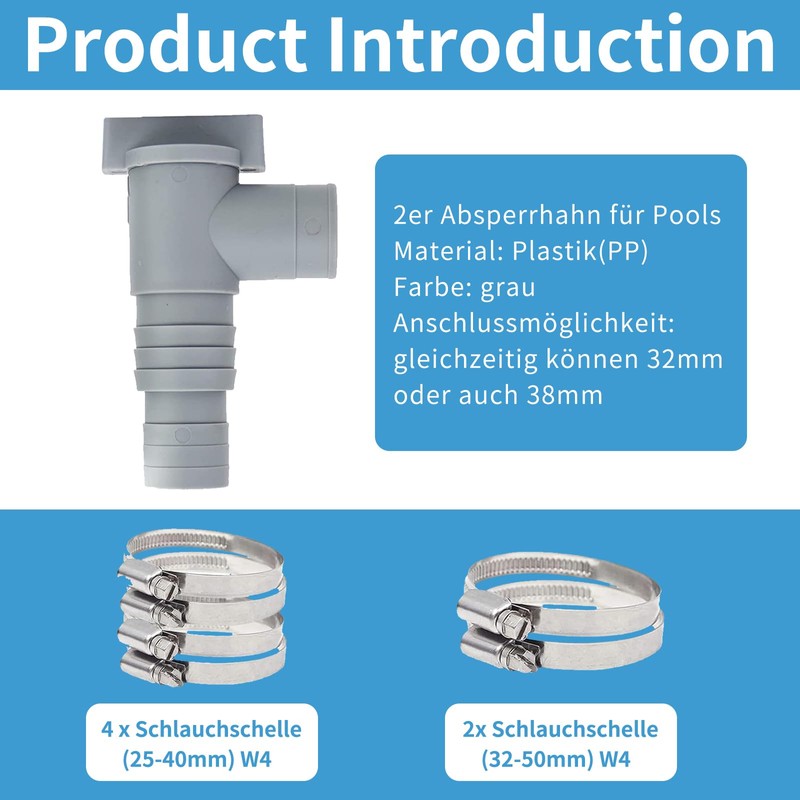Maintenance tap, 2 pieces shut-off valve for pools with 32
