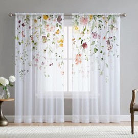 Fereyis Floral Sheer Curtains for Living Room 63 inch Length 2 Panels Set Elegant Butterfly Spring Flower Printed Window Curtain Chiffon Drapes for Bedroom