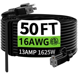 HUANCHAIN Indoor Outdoor Black Extension Cord 50 ft Waterproof, 16/3 Gauge Flexible Resistant Appliance Extension Cord Outside, 13A 1625W 16AWG SJTW, 3 Prong Electric Cable, ETL Listed