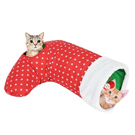 Pawaboo Cat Tunnel Christmas Sock with Bell Balls, Upgraded 2 Way Cat Tunnel Interactive Toy for Christmas, Pet Xmas Stocking with Crinkle Paper & Strong Spring-Steel Frame for Cat Kitten Kitty, Red