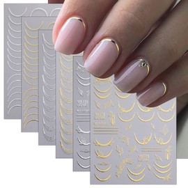 6 Sheets Lines French Tip Nail Art Stickers Gold Silver French Line Nail Decals 3D self-Adhesion Curve Lines Design French Nail Art Supplies for Women DIY Manicure Decoration