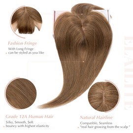 Elailite Hair Topper Extensions Women Toupee with Bang 100% Remy Real Hair 7 x 13 cm Base Clip in Hair Thickening #06 Light Brown - 40 cm