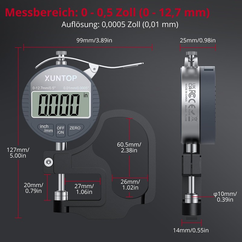 XUNTOP Digital Thickness Gauge Measuring Range 0-12.7 mm Electronic Micrometer