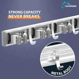 reliahom 2 Pack Broom Holder Mop Hanger Wall Mount Metal Organization Garage Storage System Garden Kitchen Tool Organizer(5 Racks with 4 Hooks, Silver)