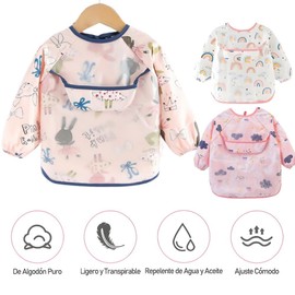 Fishlead Baberos para Bebes, 3 Piezas Babero Mangas Larga, Baberos Impermeables para Niños Pequeños, Bata Bebé con Atrapasueños de Migas, Escote Ajustable, Fácil de Limpiar (B)