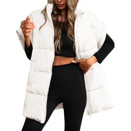 ELLEVEN Womens Puffer Vest Stand Collar Flysleeve Oversized Puffy Quilted Vest Woman Casual Mujer Warm Ladies Mid Long Length Drop Sholder Lightweight Winter Spring Fall Baggy Plus White Medium