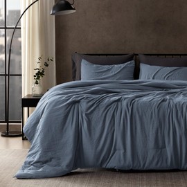 SLEEP ZONE Queen Comforter Set, Duvet Insert with Natural Wrinkle Texture, Cotton-Linen Feel, Lightweight and Breathable Fluffy Bedding Sets with 1 Comforter and 2 Pillow Shams (Flint Stone Blue)