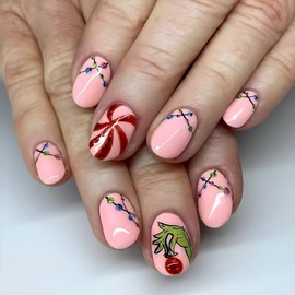 Christmas Press on Nails Short Almond Winter Fake Nails Pink False Nails with Fur Monster Candy Designs Cute Glossy Glue on Nails Full Cover Acrylic Nails Xmas Artificial Nails for Women Girls 24Pcs