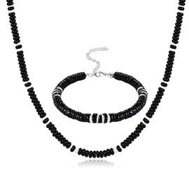 HOKPLITE Puka Shell Necklace for Men Women, Surfer Necklace and Bracelet Fashion Jewelry Set, Summer Puka Statement Beaded Choker (NK-10004-Black)
