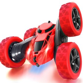 MidiVix Remote Control Car, 2.4 GHz Double-Sided 360° Rotating RC Stunt Crawler with Headlights, 4WD Off Road Drift RC Car Toy Gifts for Boys 6-12 Red
