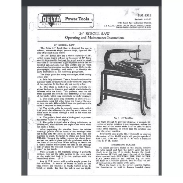 Delta 24 inch Scroll Saw Operating and Maintenance Instructions (PM-1512)