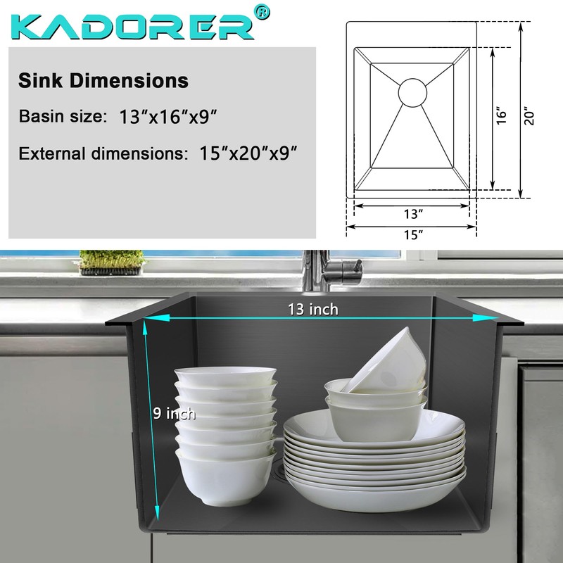15 x 20 Inch Black Drop In Kitchen Bar Sink,