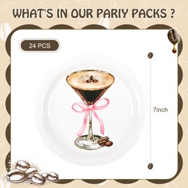 Elyxio 24Pcs Espresso Martini Party Plates A Tini Bit Older Disposable Paper Plates Coquette Trendy Pink Bow 7" Dessert Plates for Bachelorette Birthday Wedding Party Supplies (24)