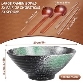 YTLEMON Ramen Bowls Set of Ceramic, 2 Sets of 34 Ounces Large Japanese Serving Bowls with Chopsticks and Spoons Forks for Pho, Dinnerware for New Apartments Suitable as Housewarming Gifts(Green)