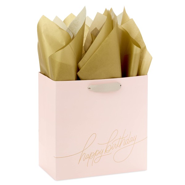 Hallmark Signature Studio - Bolsa de regalo de cumpleaños cuadrada mediana de 7 pulgadas con papel de seda (rosa rubor, lámina dorada feliz cumpleaños) para esposa, hija, hermana, tía, adolescente
