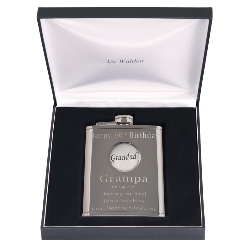 90th Birthday Engraved Hip Flask Grandad Feature in a Gift