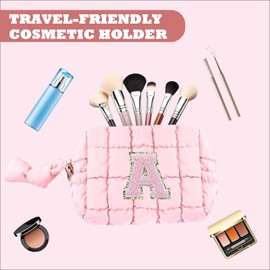 CALLPIONEER Quilted Makeup Bag for Women, Small Makeup Bag for Purse Puffer Mini Cosmetic Bag, Gift Bag Initial Make up Bag, Pink (Letter A)