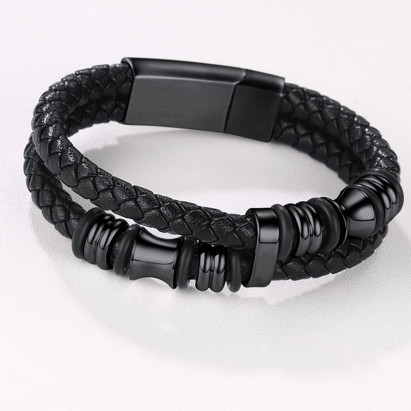 U7 Black Braided Leather Bracelet with Black Metal Clasp, 2-Layer