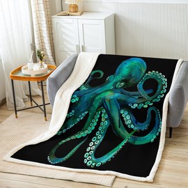 3D Green Octopus Fleece Throw Blanket Octopus Tentacles Blanket for Sea Marine Themed Sherpa Blanket Underwater Animal Warm Fuzzy Blanket Room Decor Plush Blanket Throw 50"x60"
