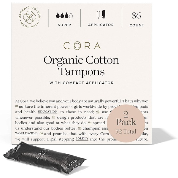 Cora Organic Cotton Unscented Tampons with BPA-Free Plastic Compact Comfort Applicator - Chlorine, Chemical & Toxin Free, Leak Protection, Easy Application | Super Absorbency (72 Count)