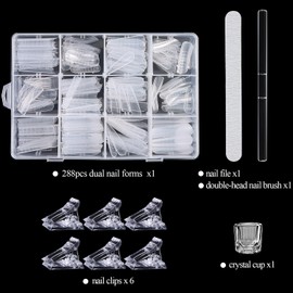 FSpronail Dual Nail Forms Kit 288Pcs Polygel Nail Tips 12 Styles Poly Gel Nail Forms Reusable Stiletto Coffin French Acrylic Nail Extension Molds with Accessories - for Beginners