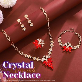 Ushiny Sparkling Crystal Pendant Necklace Ring Earrings and Bracelet Jewellery Set Red Flower Prom Accessories for Women