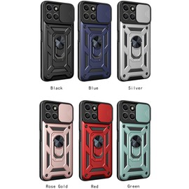 ESTH® Case for Honor X6a with Slide Camera Cover, Military Grade Shockproof Protective Cover with Rotatable Metal Ring Kickstand [Support Magnetic Car Mount], Red