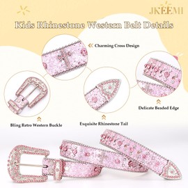 JKEEMI - Cinturón de diamantes de imitación para niños y niñas, cinturón de vaquero occidental, cinturón de piel con tachuelas de diamantes, regalo para niños, Cross Belt/ Pink, Fit Waist Size 24"-28"