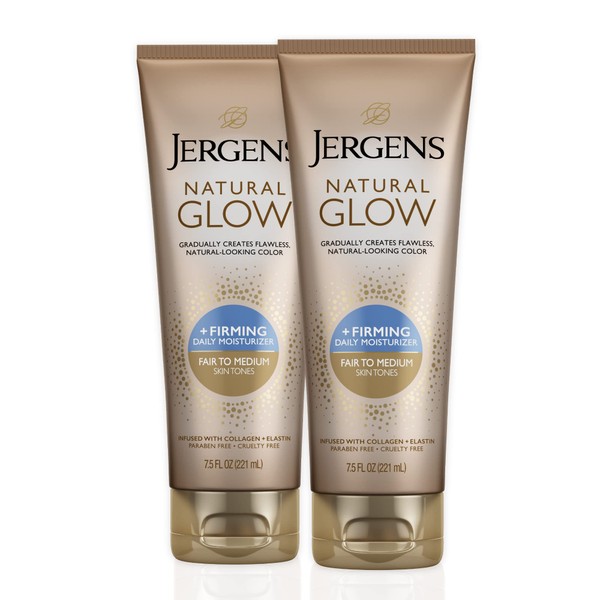 Jergens Natural Glow +FIRMING Self Tanner Body Lotion, Fair to Medium Skin Tone, Sunless Tanning Moisturizer with Collagen and Elastin. Helps to Visibly Reduce Cellulite, 7.5 Fl Oz (Pack of 2)
