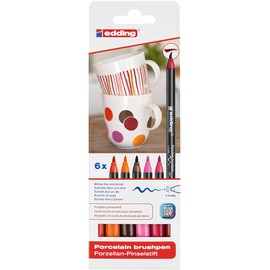 edding 4200 porcelain brush pen - 3x red, orange, brown, pink - 6 pens - brush nib 1-4 mm - felt-nib pen for painting and decorating ceramics, porcelain - dishwasher-safe, lightfast ink, quick-drying