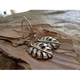 Large silver leaf - Monstera earrings handmade hooks