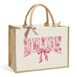 KongMoTree Bride Wedding Tote Bag, Bridal Shower Gifts, Bachelorette Party Bags, Coquette Bow Tote Bag with Floral for Wedding Engagement Bachelorette Party Honeymoon Beach Travel - Bride Pink