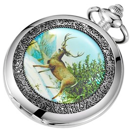 Tiong Men's Vintage London Design Mechanical Pocket Watch Silver Deer Case Roman Numeral Pocket Watches with Chain for Men