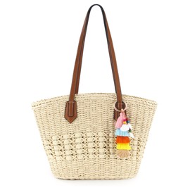 RUNROLE Straw Purse with Tassel Hat Clip for Travel, Handmade Summer Raffia Handbags, Hobo Shoulder Totes Bag for Women