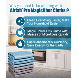 Airlab Streak Free Miracle Cleaning Cloths Easy Clean Nanoscale, Pack of 8, 12' x 16', Microfiber Polishing Windows Glass Lint Free Rags Stainless Steel Car Kitchen Reusable