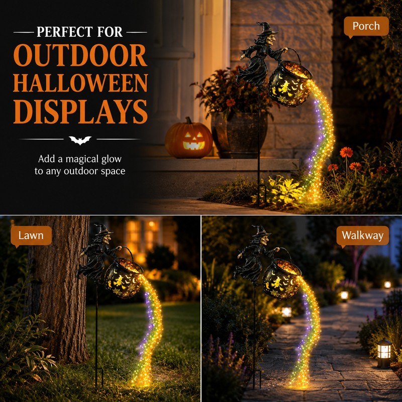 Halloween Witch Cauldron Garden Light for Outdoor Decor – Warm