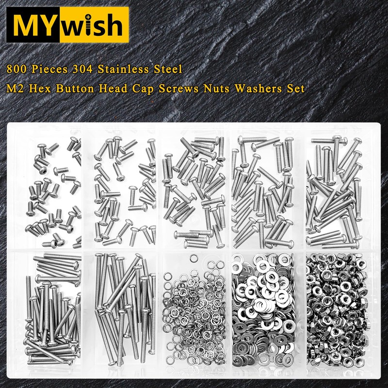 Mywish 800Pcs M2 Screw Assortment Kit 304 Stainless Steel Hex