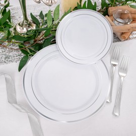 I00000 600pcs Silver Dinnerware Set for 100 Guests, Silver Rim Plastic Plates Disposable, Plastic Silverware Set of 100 Dinner Plates, 100 Salad Plates, 100 Silver Plastic Utensils Set for Wedding