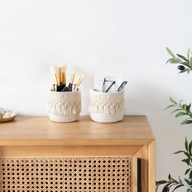 2 Pack Cotton Rope Desktop Organizer,Makeup Brush Holder,Mini Storage Basket,